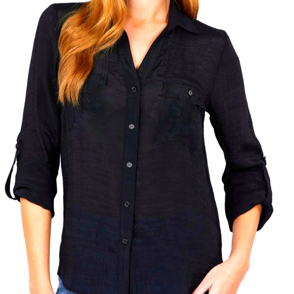 Chocolate- Black Sheer Button Up Blouse